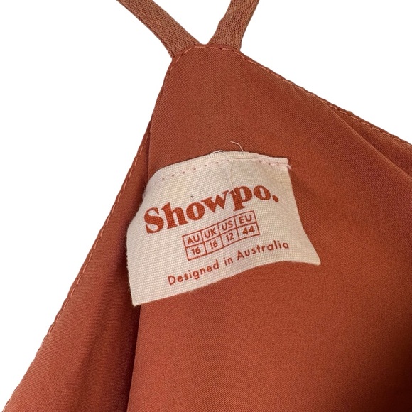 Showpo Terracotta Spaghetti Strap Wrap Dress V Neck Sleeveless Mini Tie Waist - Picture 4 of 7